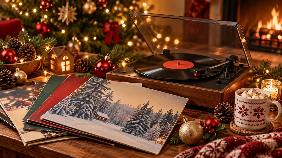 Record player and unlabelled sleeves on a festive table