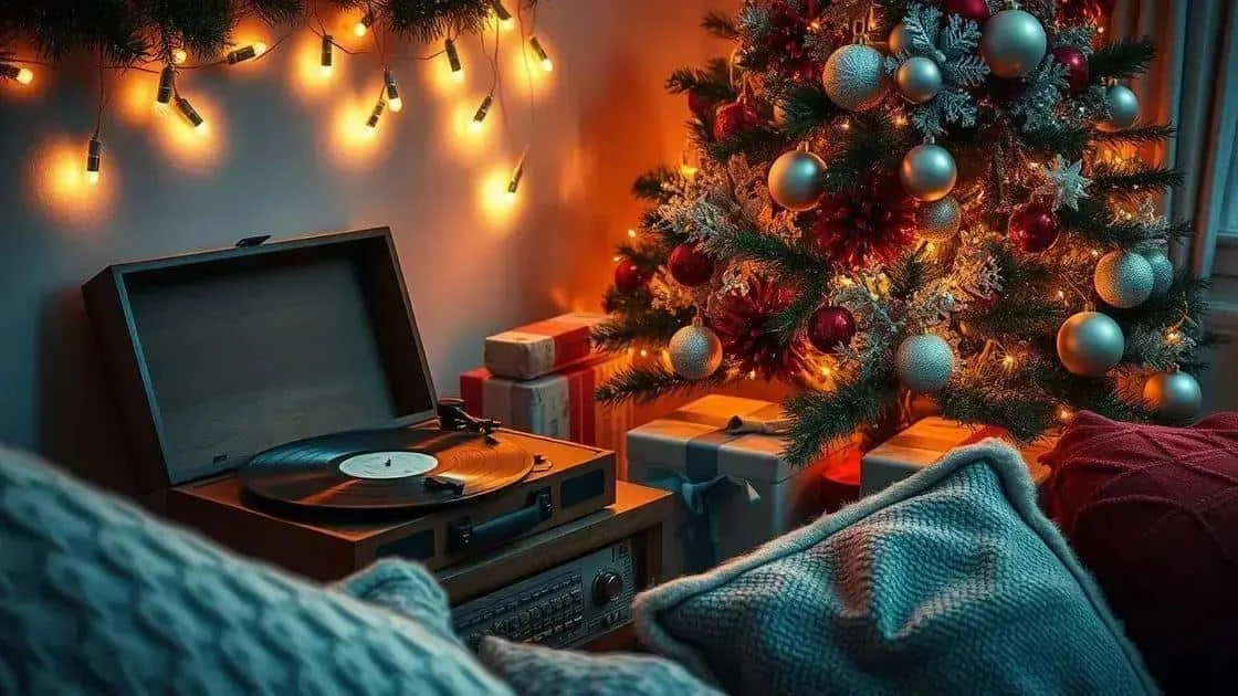 Record player beside a decorated Christmas tree