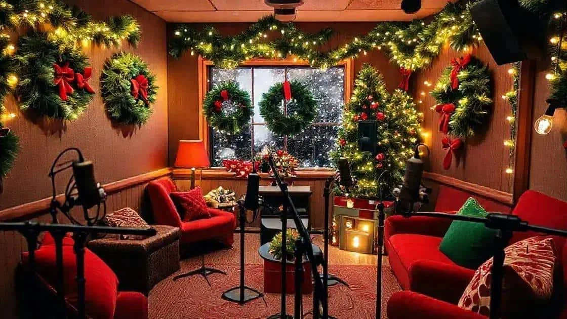 Recording room decorated for a Christmas podcast