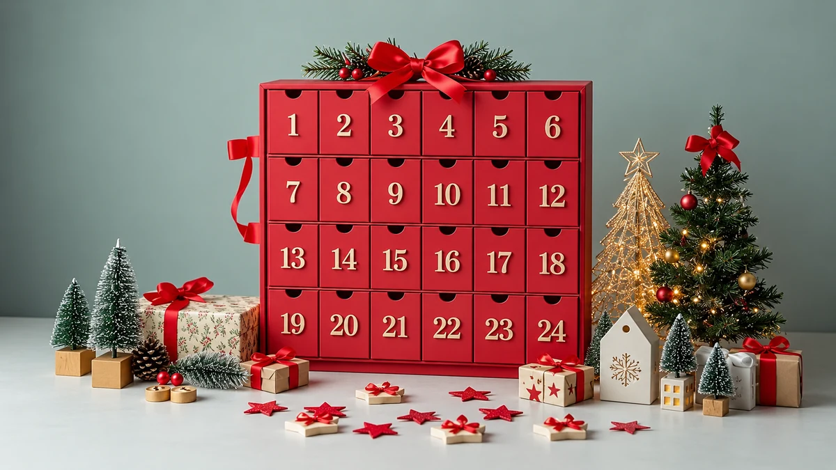Red Advent calendar with 24 numbered drawers