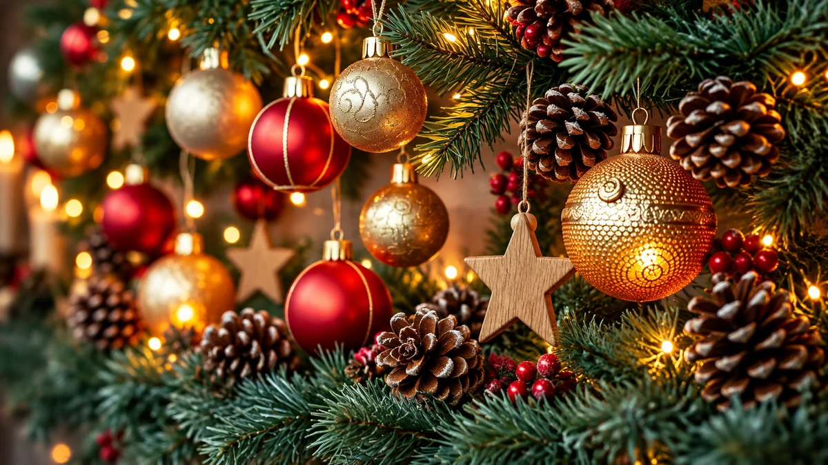 Red and gold baubles with a wooden star on a Christmas tree