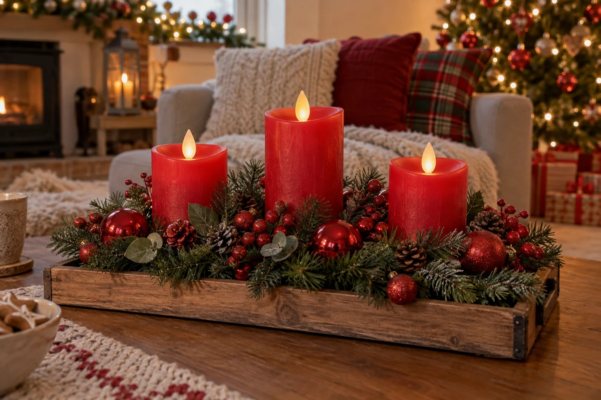Red battery-operated candles in a Christmas arrangement