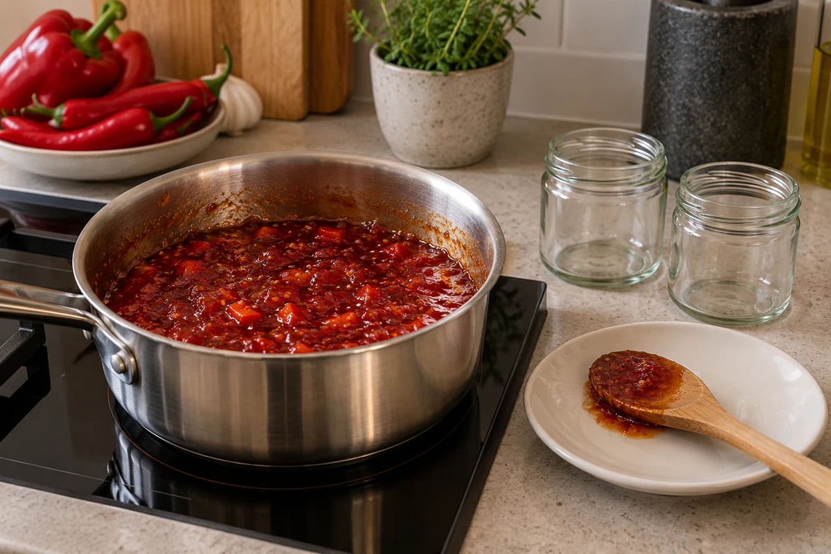 Red chilli jam simmering in a saucepan