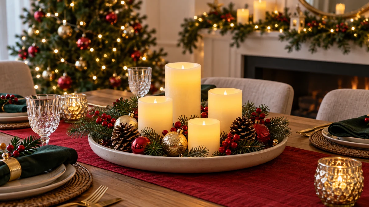 Red green and gold table arrangement with LED candles