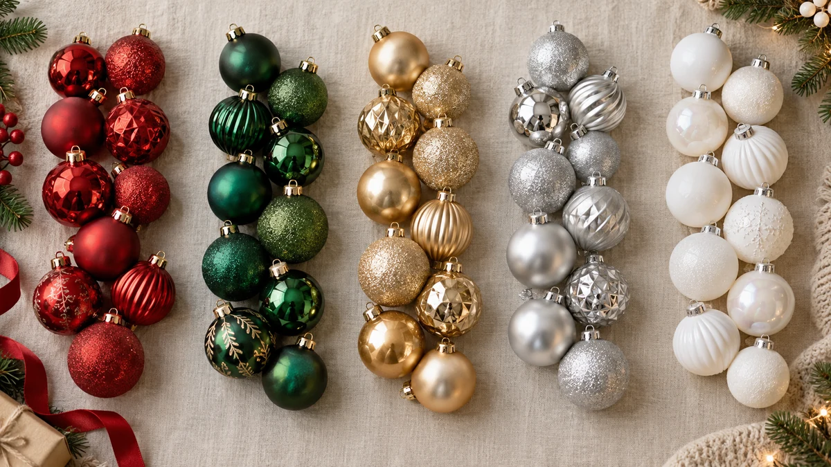 Red green gold silver and white baubles