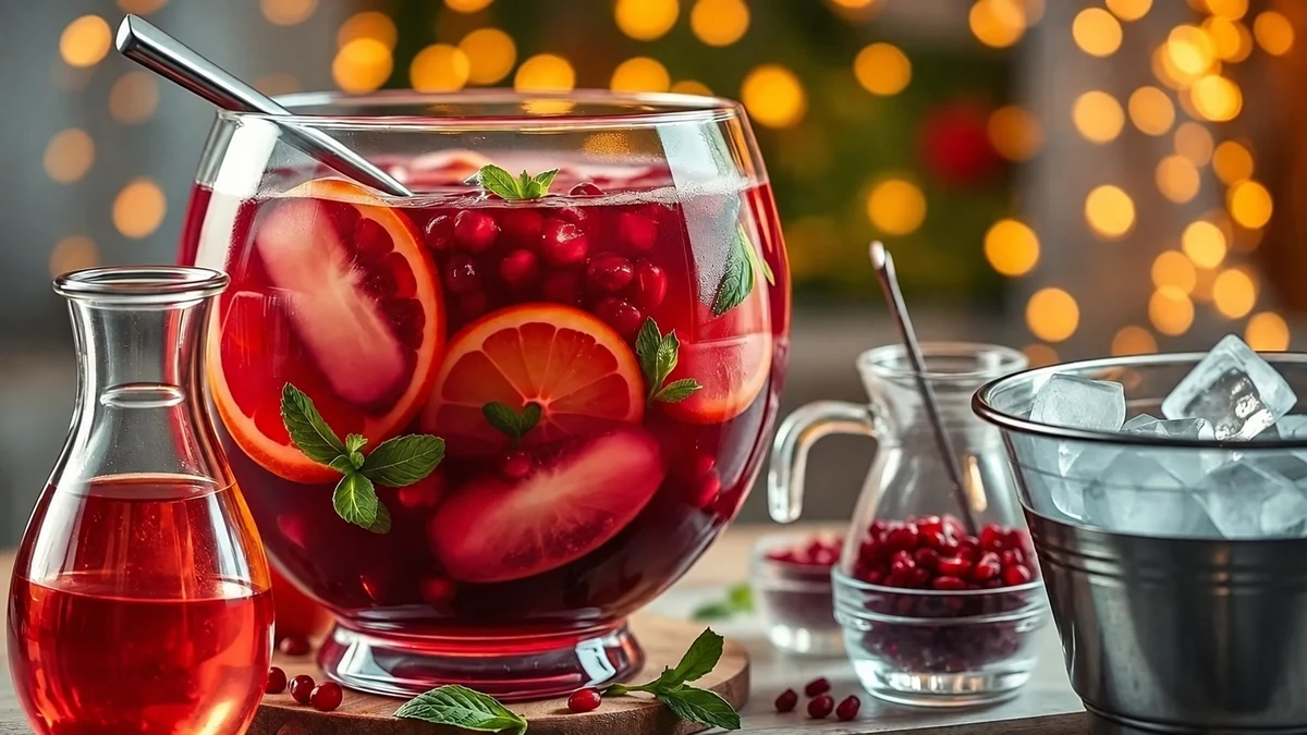 Red hibiscus punch with fruit and festive garnishes