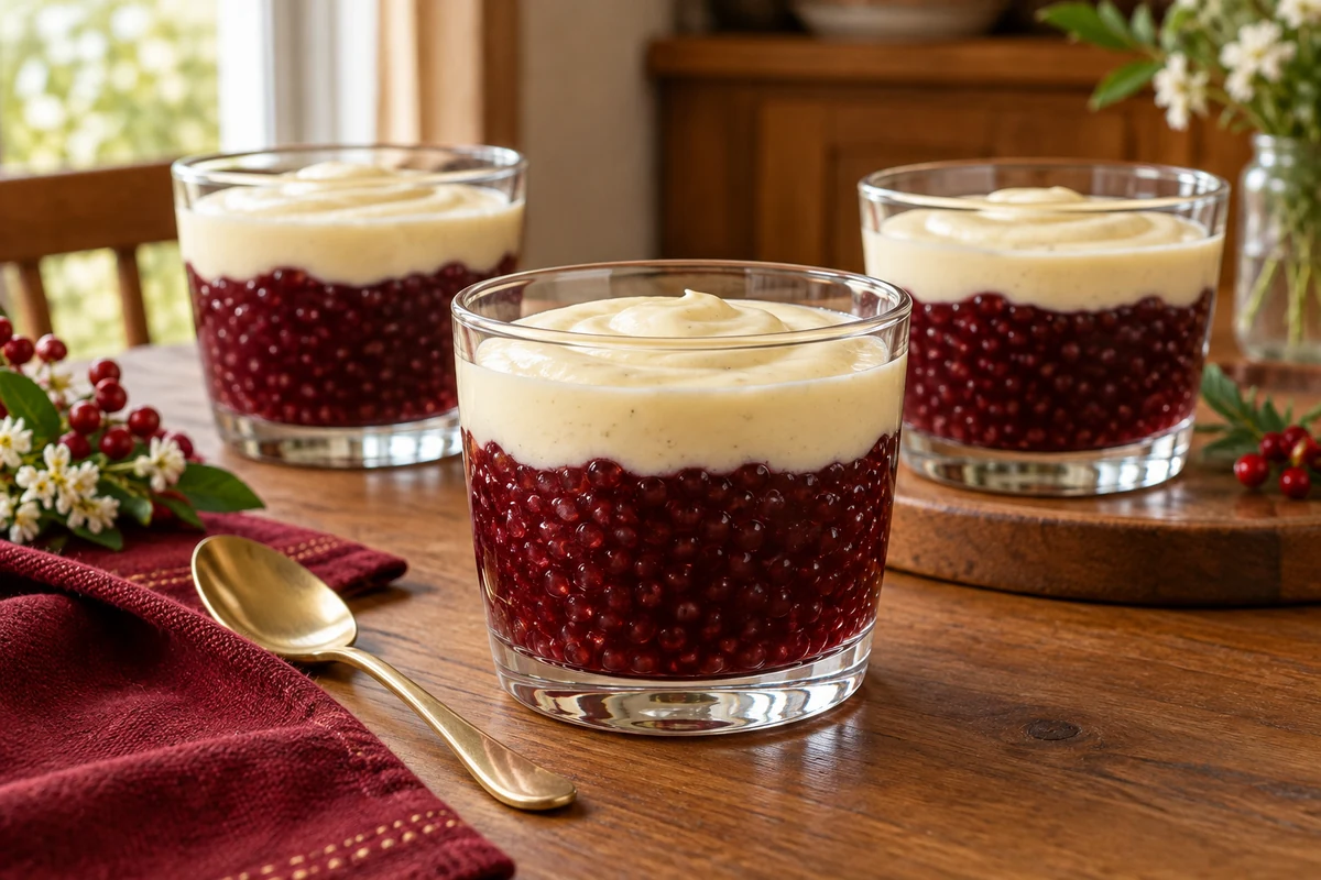 Red wine sagu and vanilla custard in glass dessert cups
