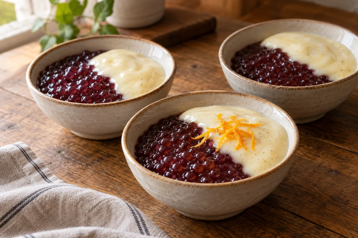 Red wine tapioca pudding with vanilla custard in bowls