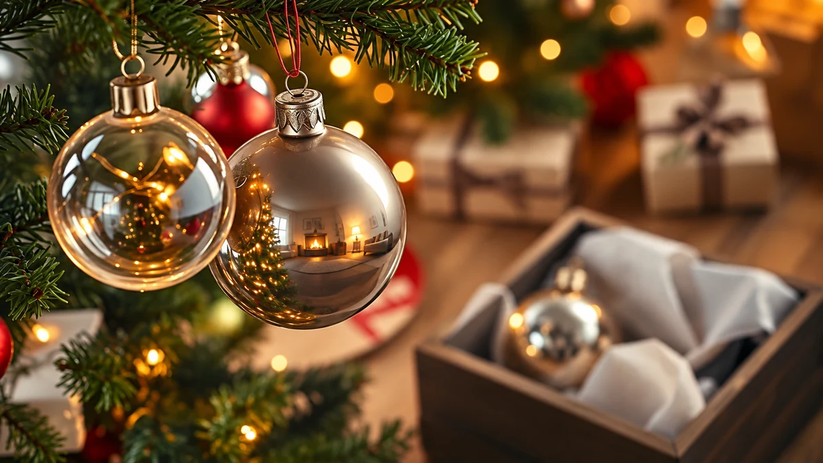 Reflective glass Christmas baubles hanging from evergreen branches