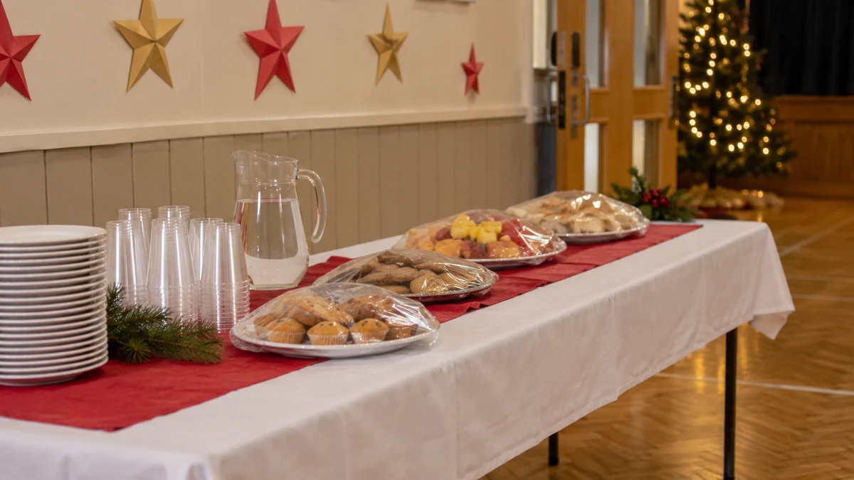 Refreshment table prepared for a school Christmas gathering