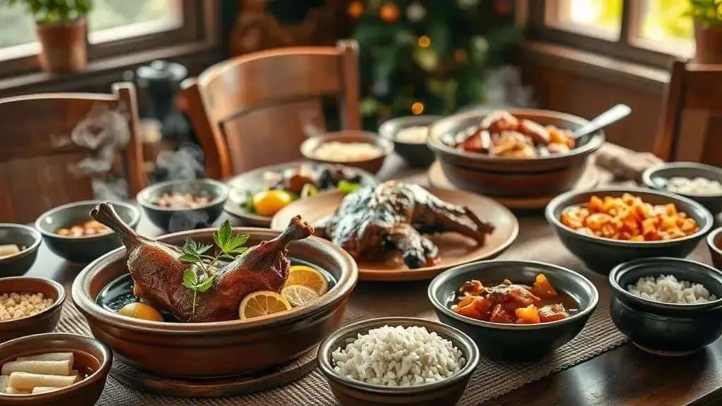 Regional festive dishes arranged on a wooden dining table