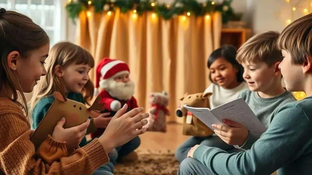 Rehearsing a homemade Christmas puppet performance