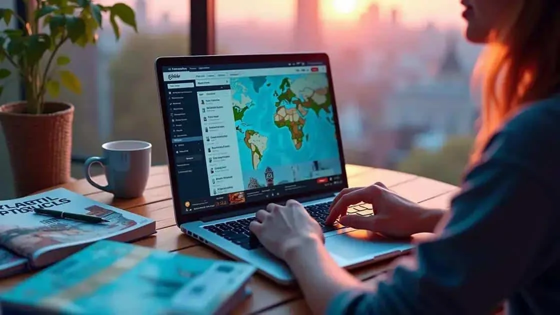 Researching travel options on a laptop