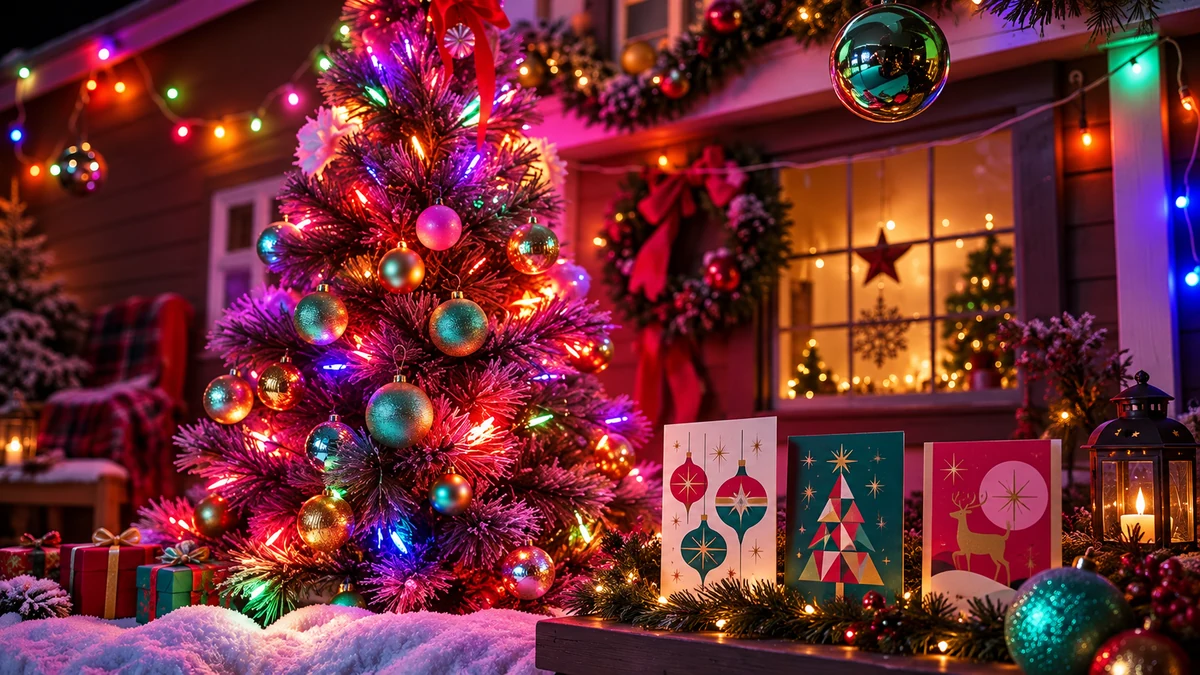 Retro Christmas tree with illustrated greeting cards