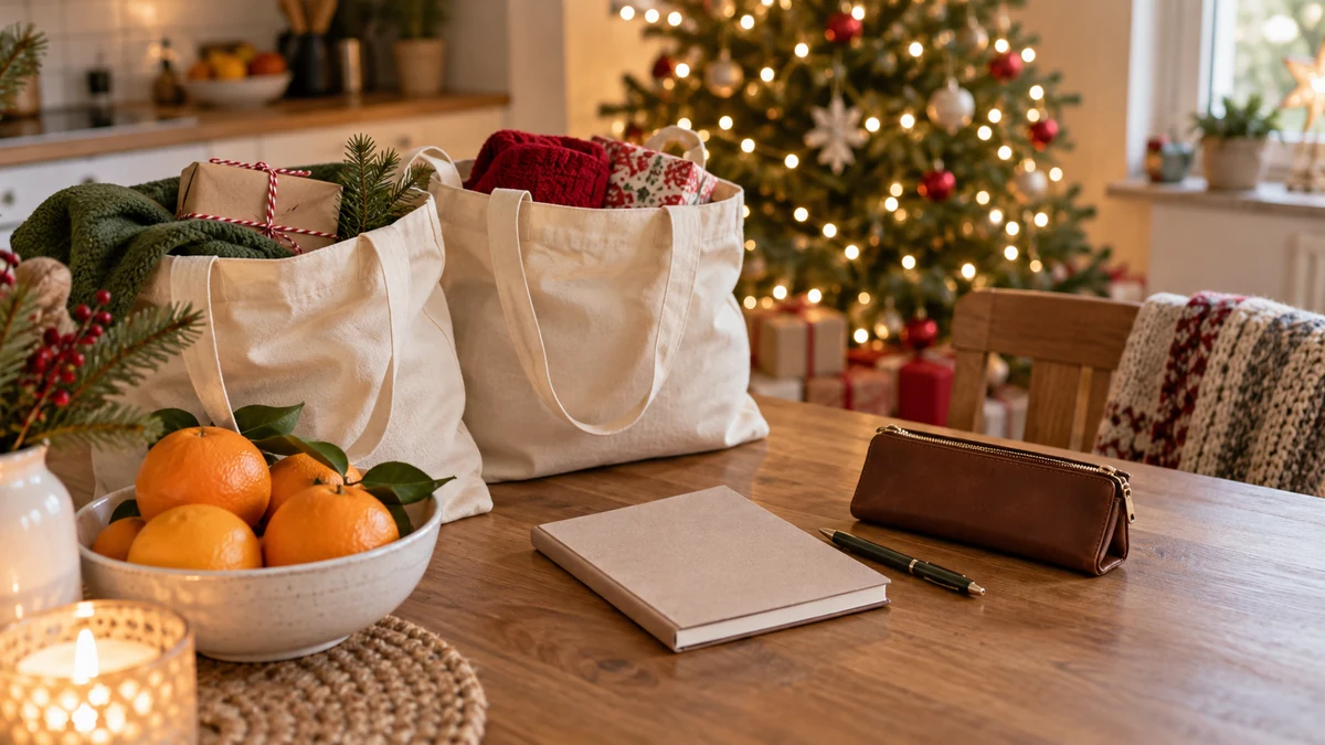 Reusable bags and a notebook for Christmas shopping Reusable bags and a notebook for Christmas shopping