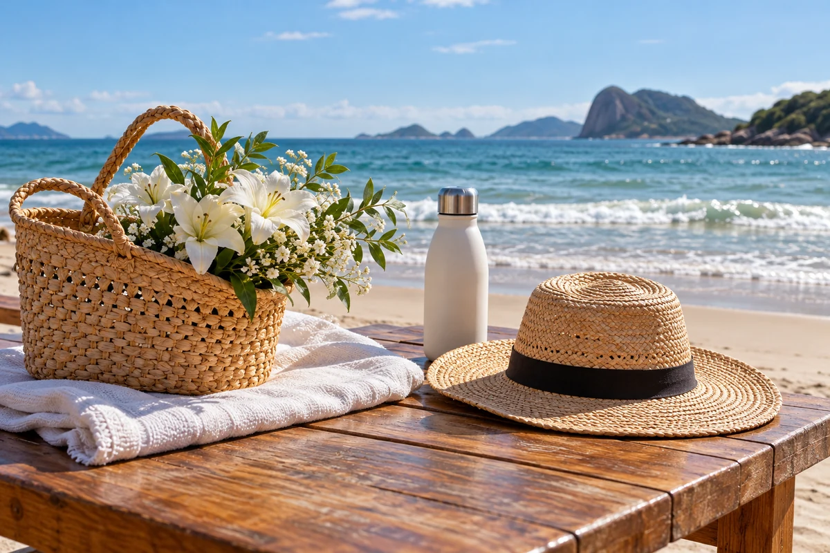 Reusable basket of white flowers beside water and a straw hat