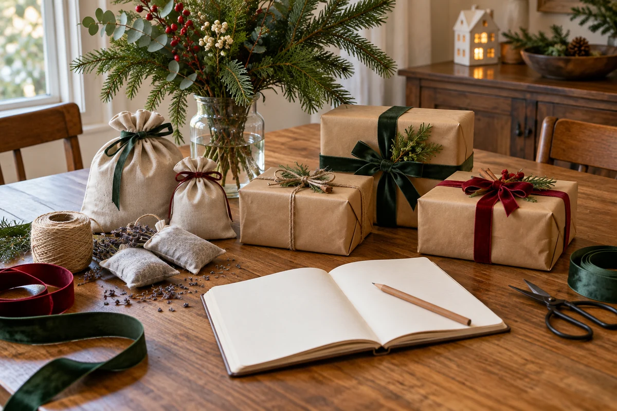 Reusable cloth bags and simple paper wrapping for Christmas presents