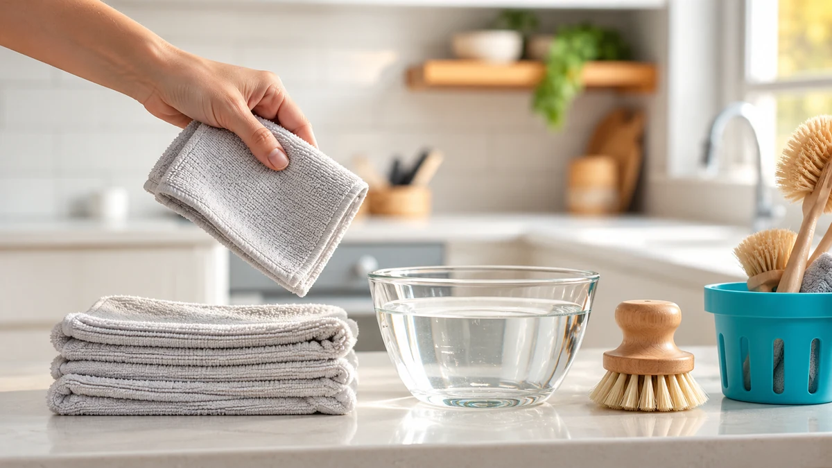 Reusable cloths and a bowl of water for household cleaning