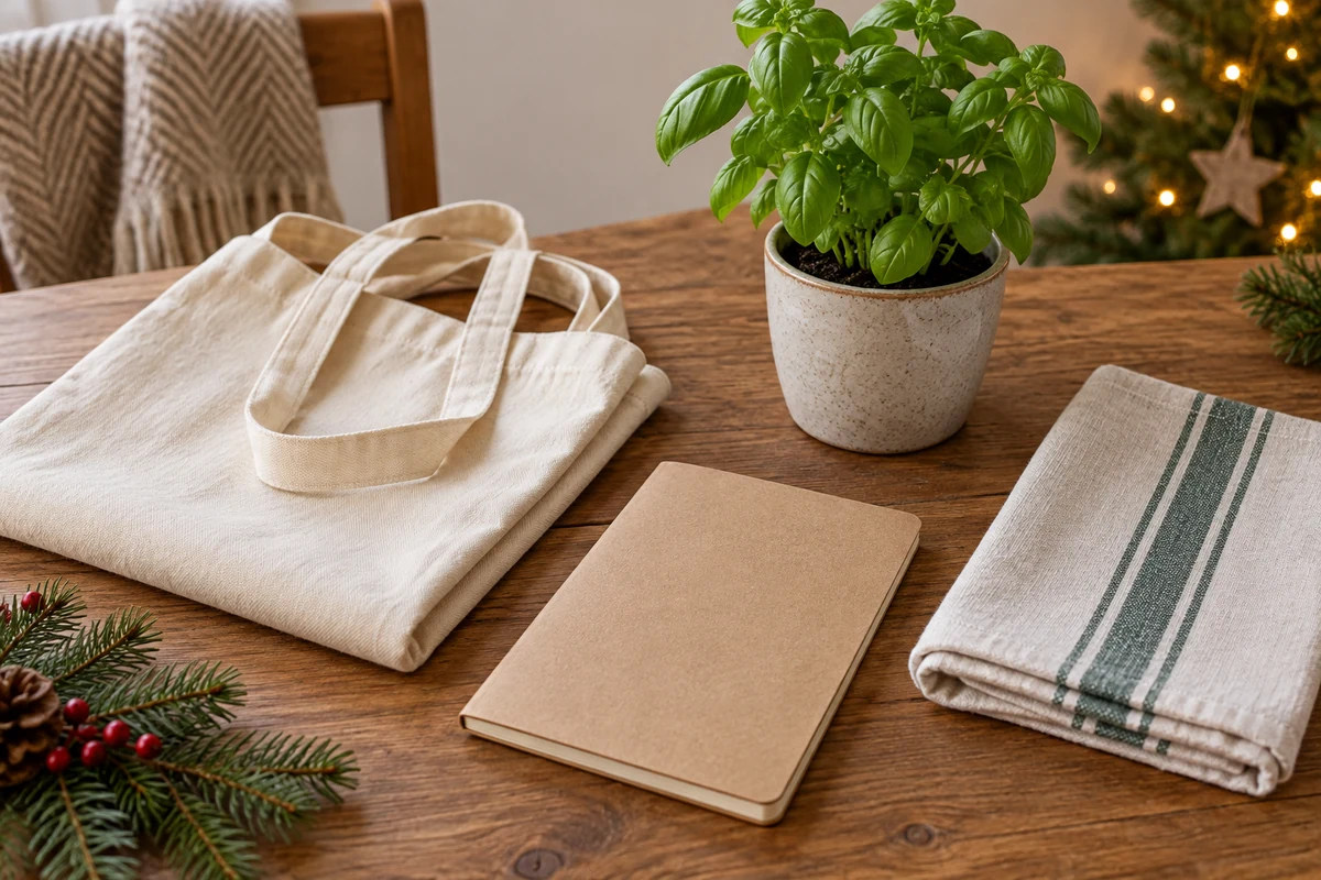 Reusable fabric bag notebook tea towel and potted herb
