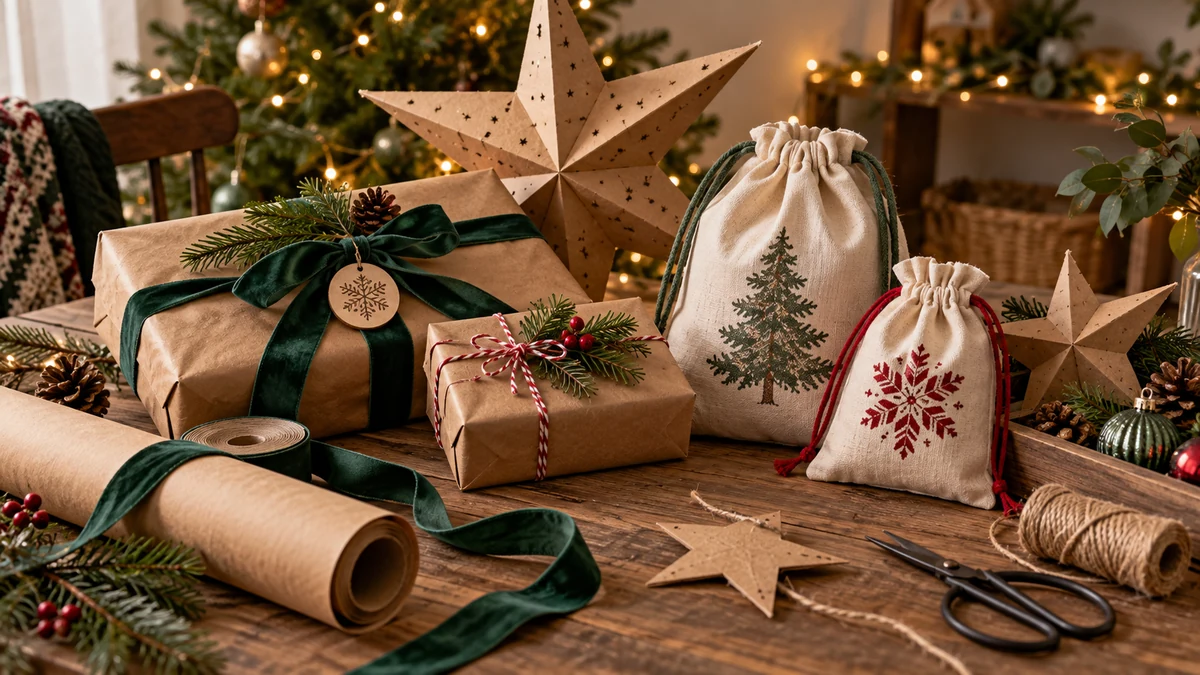 Reusable fabric gift bags and brown paper wrapping