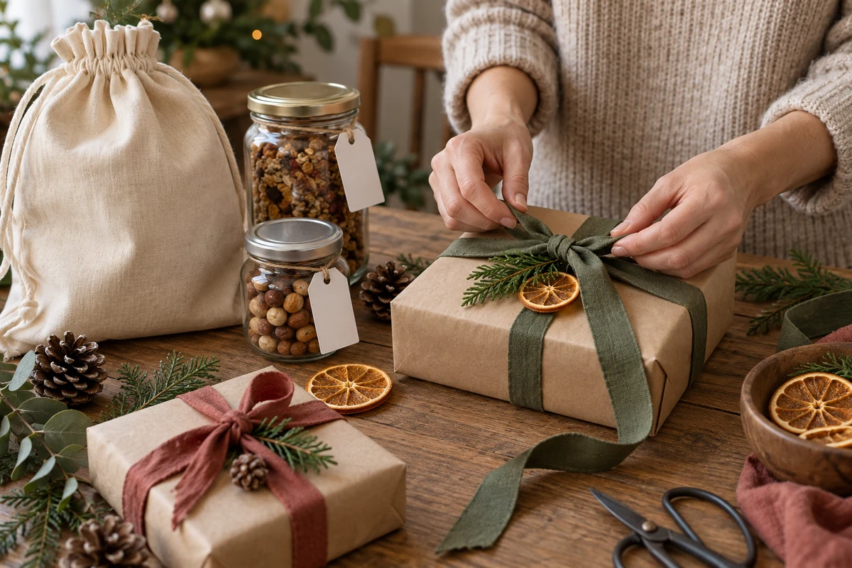 Reusable gift bag with wrapping paper and oranges
