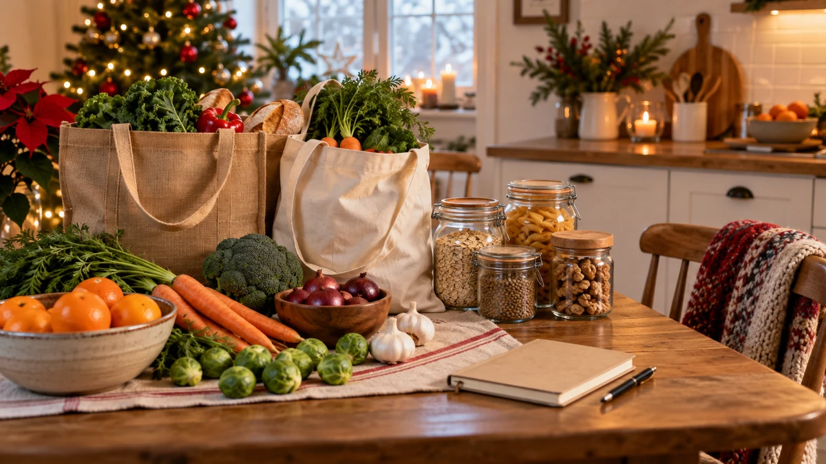 Reusable grocery bags and vegetables beside a shopping notebook Reusable grocery bags and vegetables beside a shopping notebook