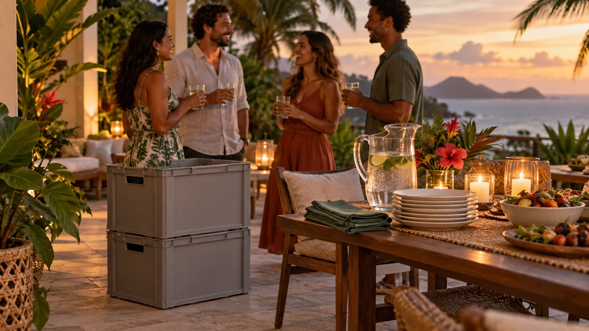 Reusable tableware and drinks arranged for a garden celebration