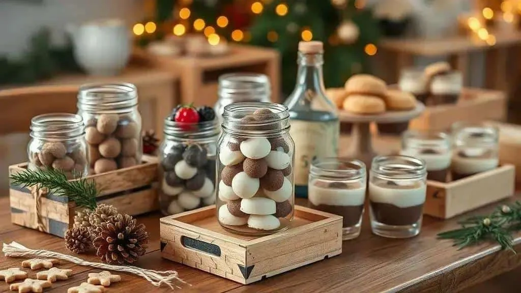 Reused food jars and covered risers for Christmas sweets Reused food jars and covered risers for Christmas sweets