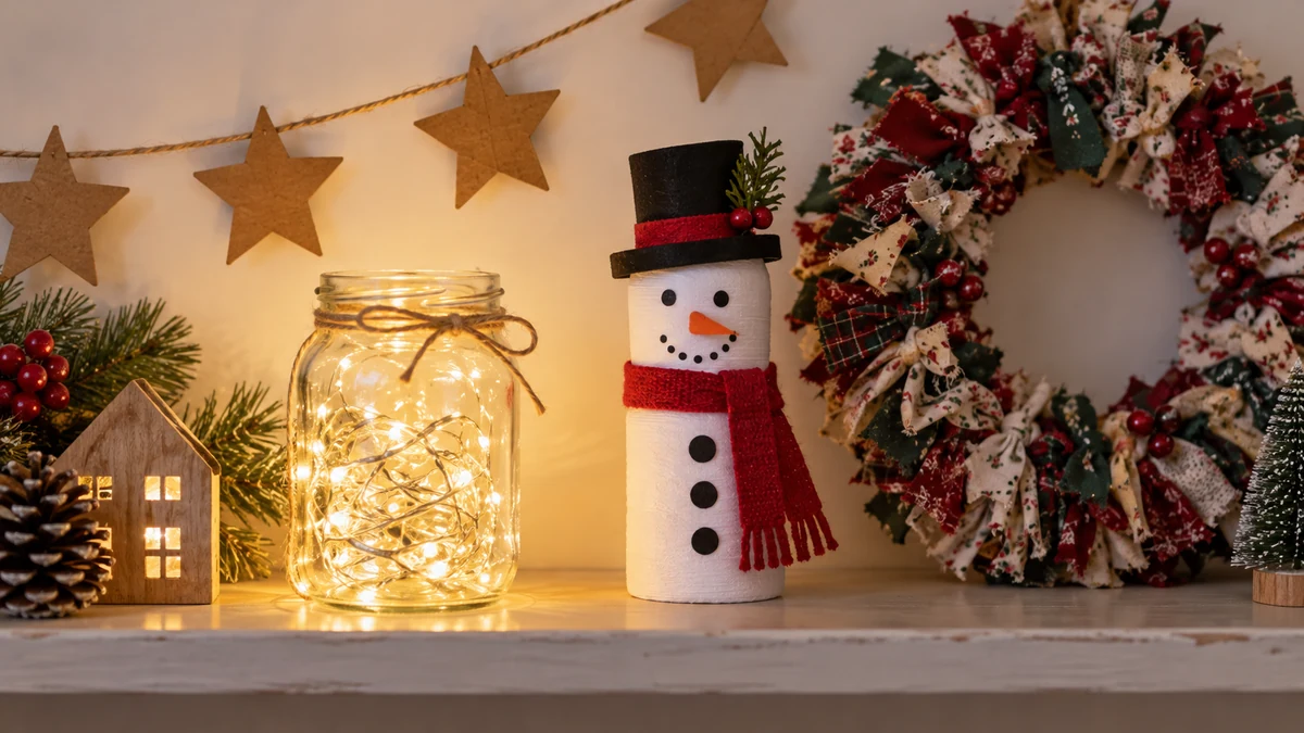 Reused-material Christmas decorations on a shelf