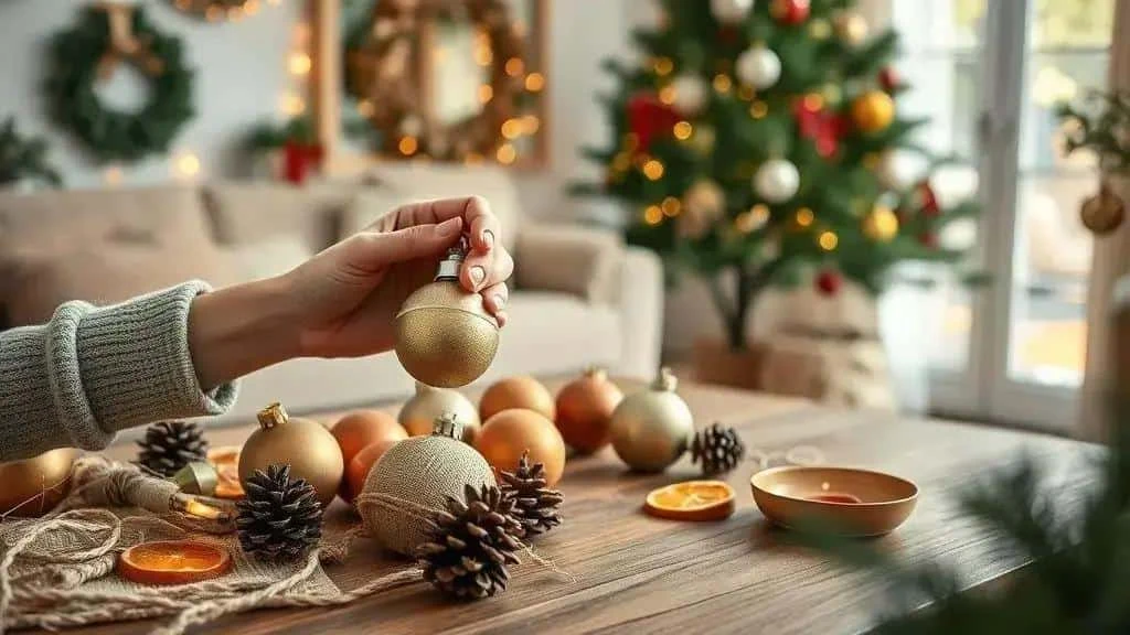 Reusing gold baubles and natural Christmas decorations