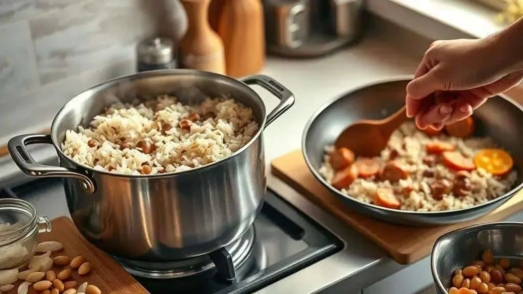 Rice and lentils being stirred beside sliced calabresa sausage