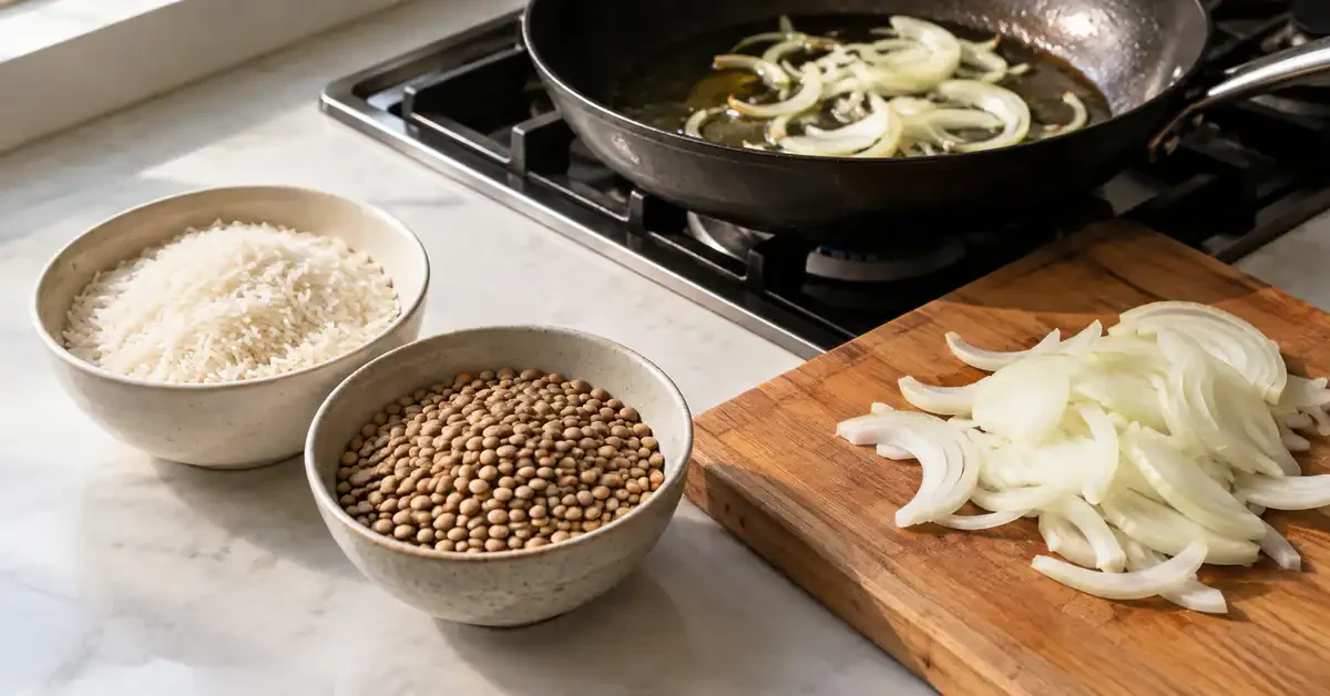 Rice and lentils beside sliced onions cooking on the hob