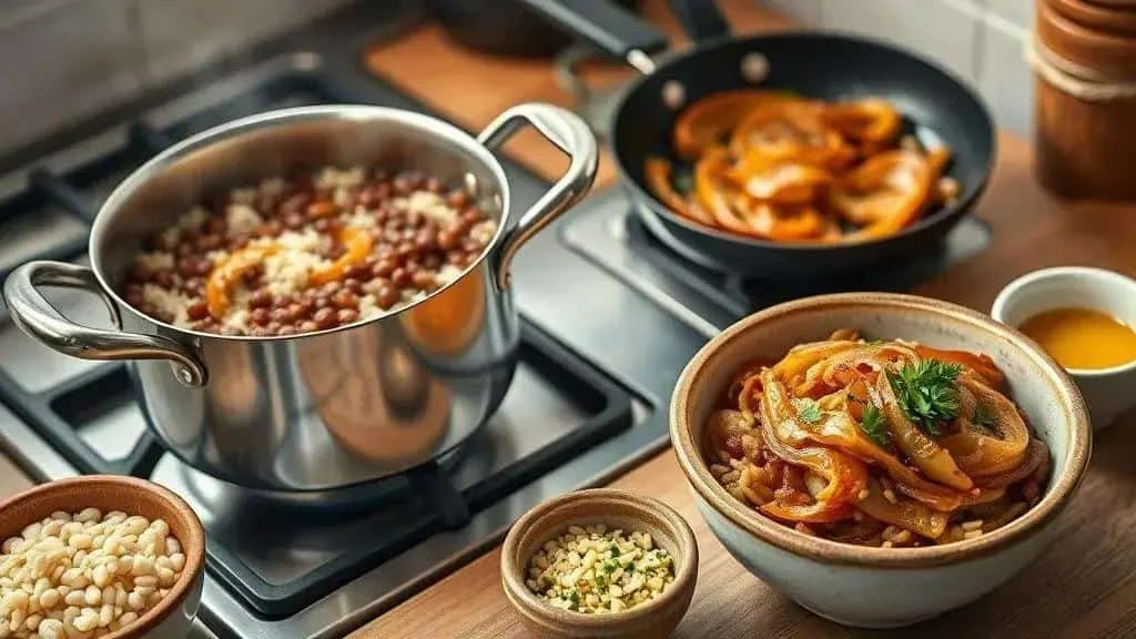 Rice and lentils cooking with caramelised onions