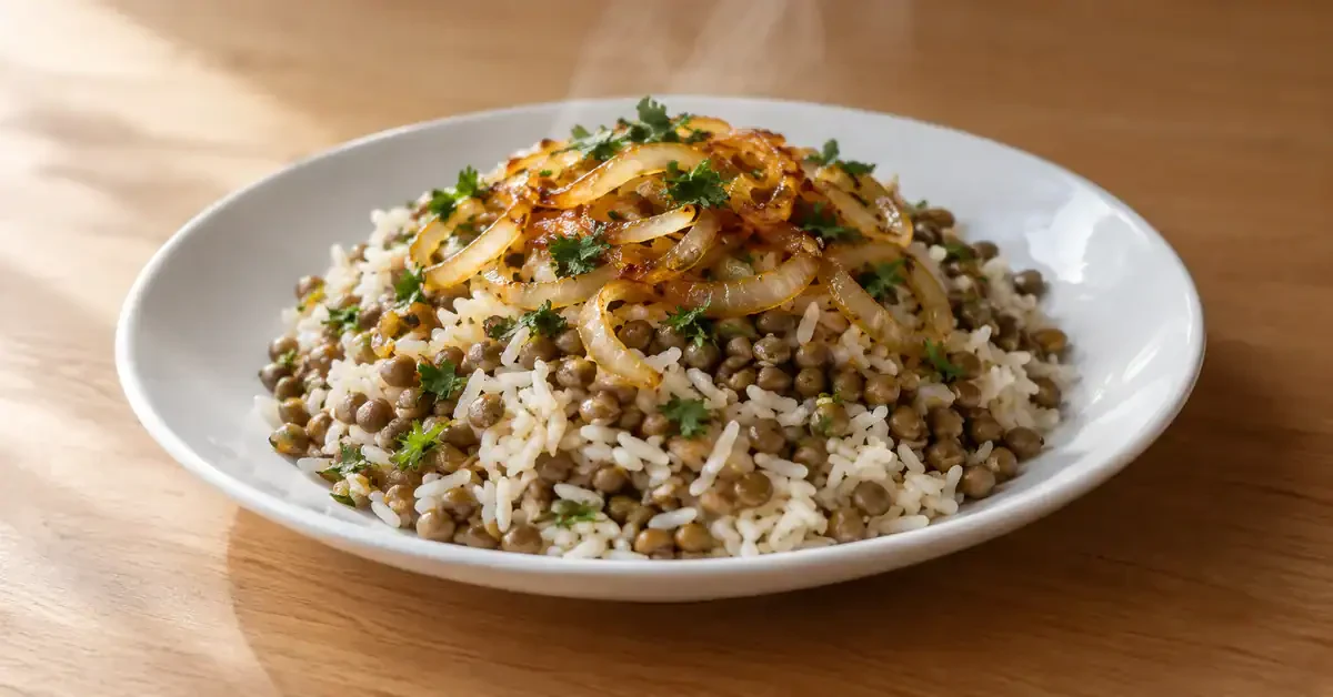 Rice and lentils topped with golden onions