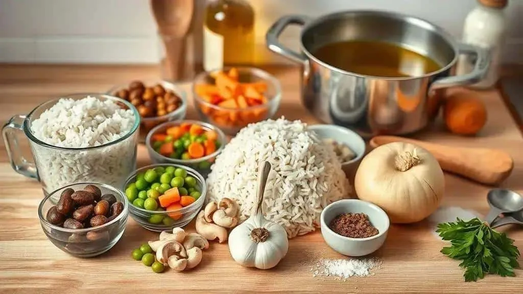 Rice and vegetable ingredients with stock
