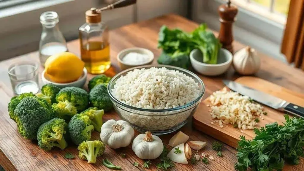 Rice broccoli garlic and herbs on a kitchen worktop