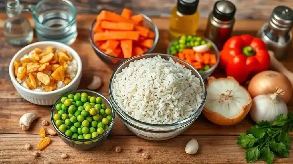 Rice, carrots, peppers, peas and optional raisins for Brazilian Christmas rice Rice, carrots, peppers, peas and optional raisins for Brazilian Christmas rice
