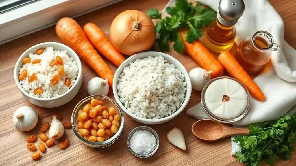Rice carrots raisins onion and garlic for a festive side