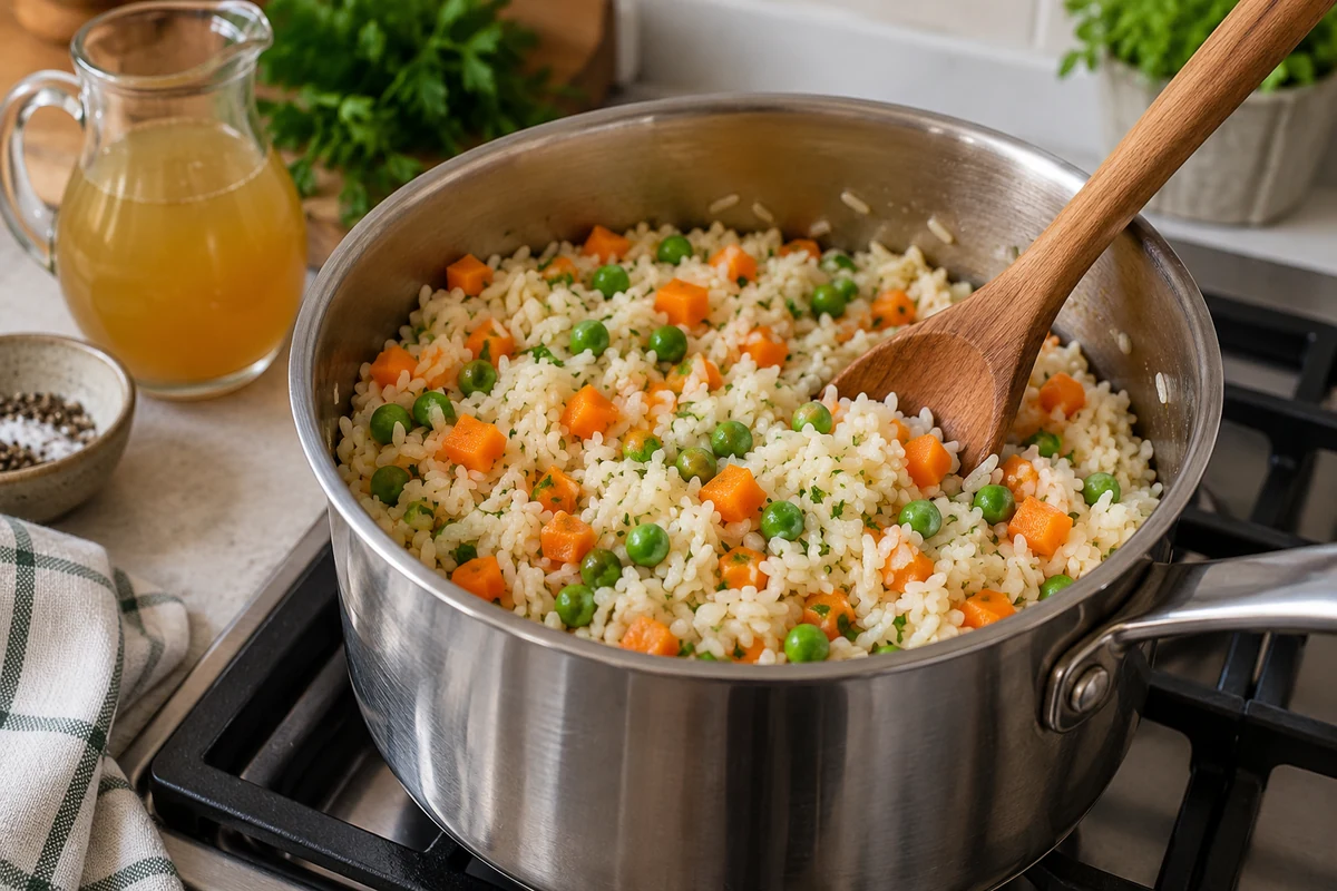 Rice cooking with carrots and peas