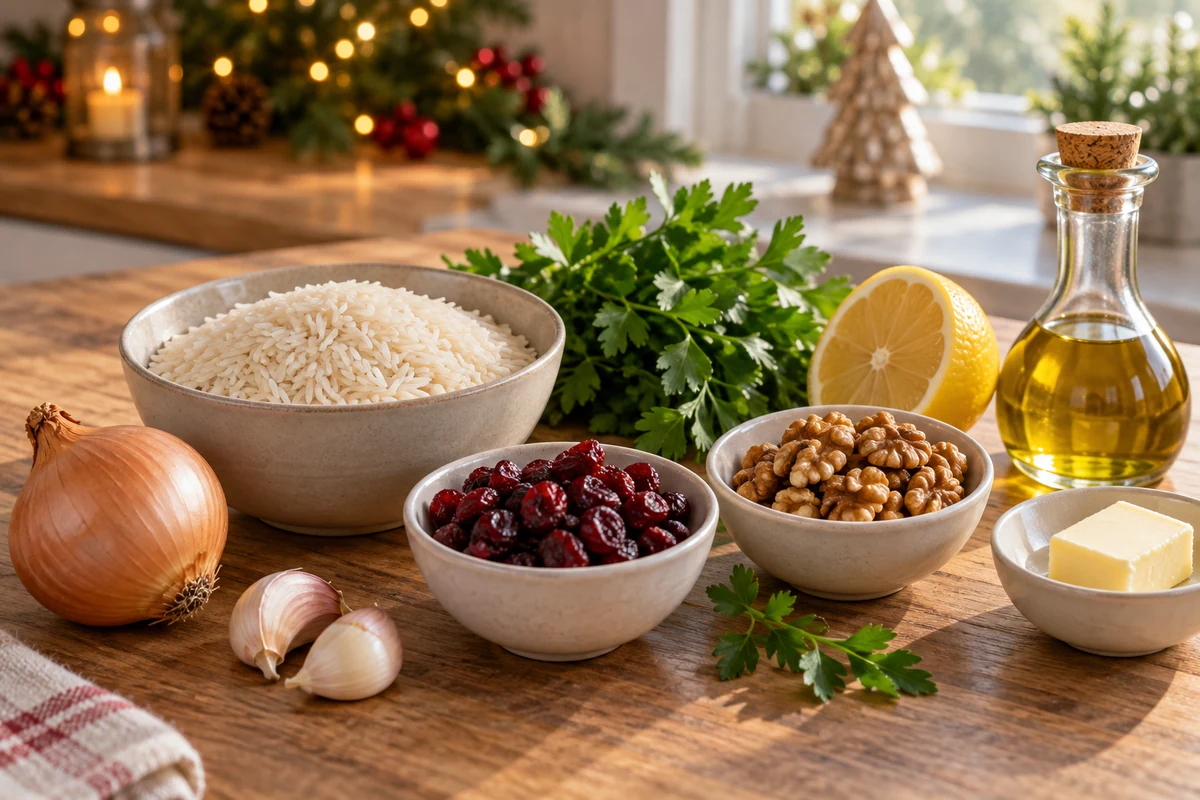 Rice cranberries walnuts lemon and herbs ready for cooking