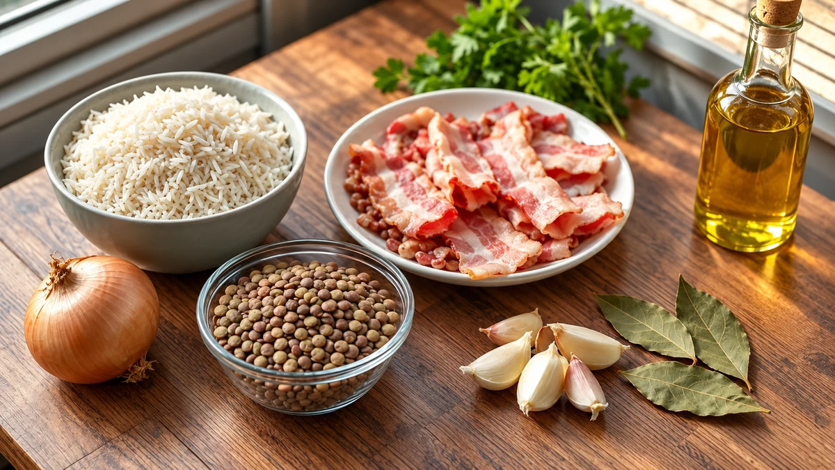 Rice lentils and bacon with onion garlic and bay leaves