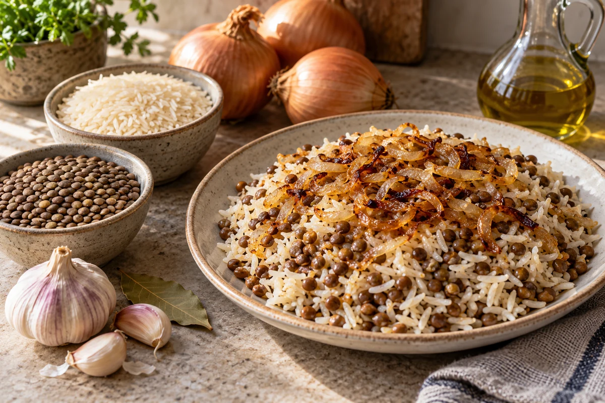 Rice, lentils and onions with cooking ingredients