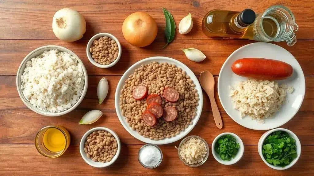 Rice, lentils, calabresa sausage and seasonings arranged on a wooden table