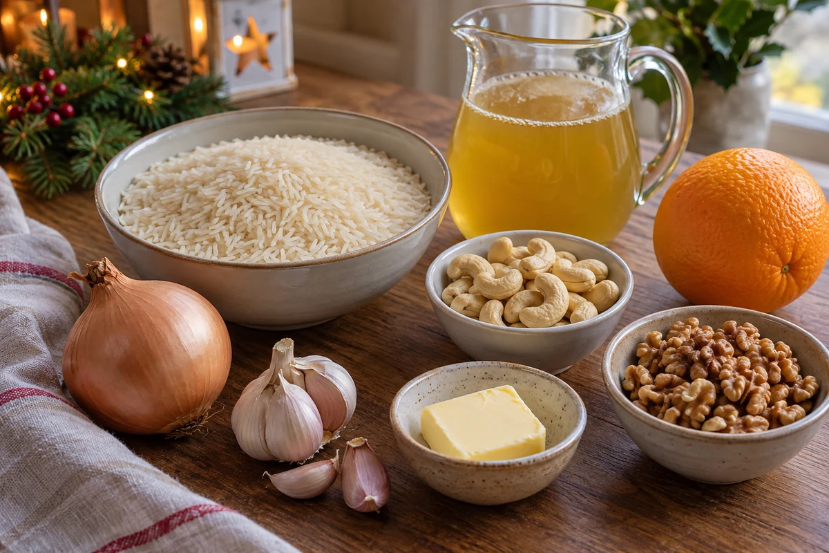 Rice, mixed nuts, onion, garlic, butter, orange and stock Rice, mixed nuts, onion, garlic, butter, orange and stock