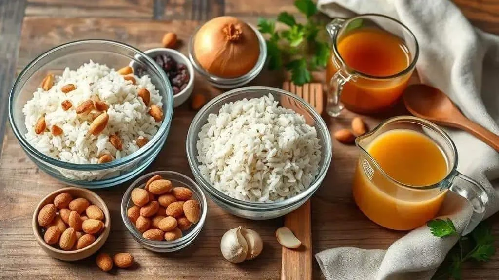 Rice nuts onion and stock for a festive side dish Rice nuts onion and stock for a festive side dish