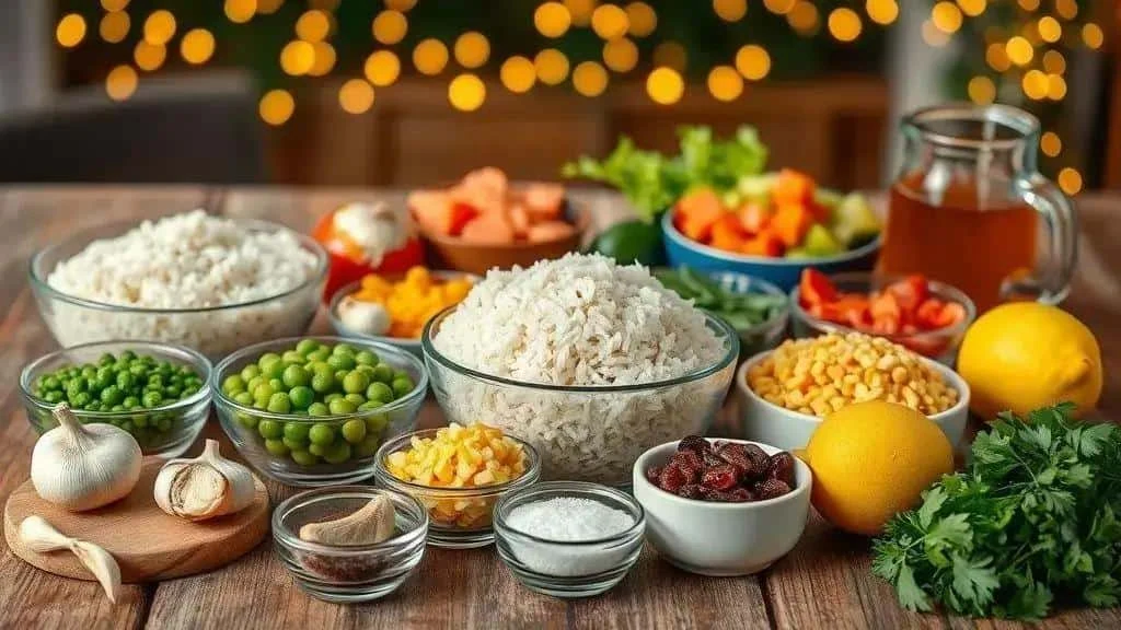 Rice, peas, sweetcorn, carrots, peppers and seasonings