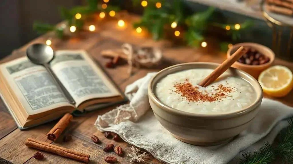 Rice pudding with cinnamon beside a recipe book and spices