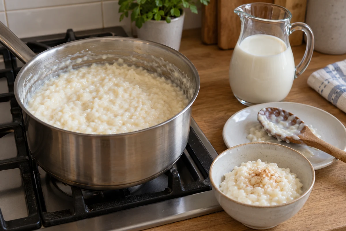 Rice pudding with visible grains stirred in a pan