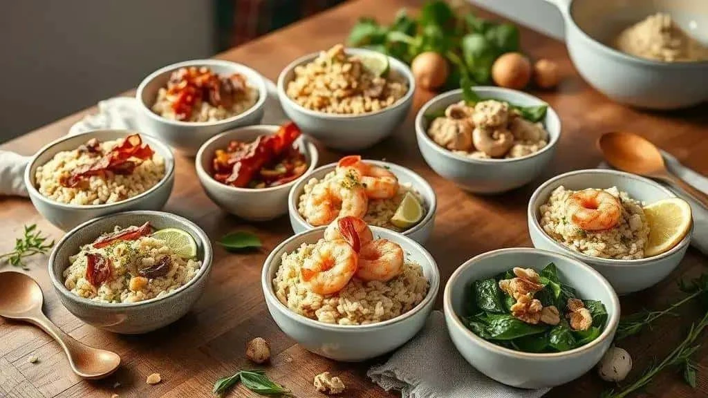 Rice variations with prawns bacon nuts and vegetables