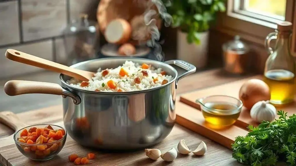 Rice with carrots and raisins cooking in a saucepan